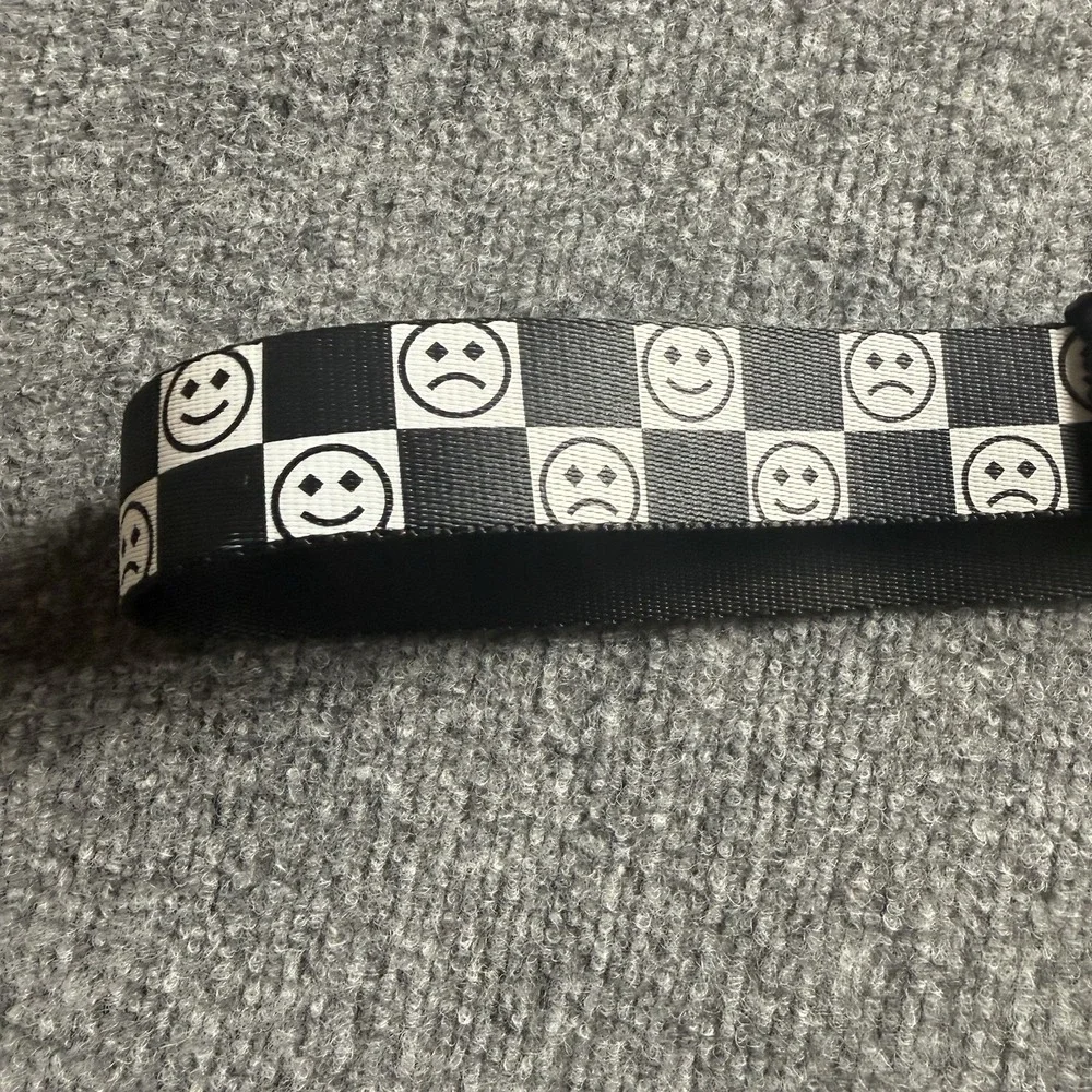Y2K Checkerboard Graphic Webbing Belt Black White Smiley Face Skater Grunge Emo